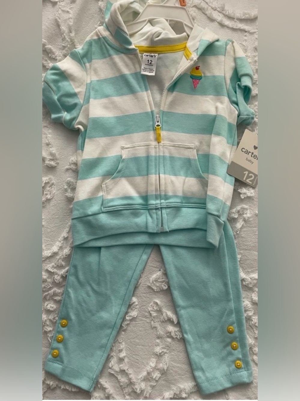 New Baby Girls Aqua Blue Striped Pants Set, Size 12 Months
